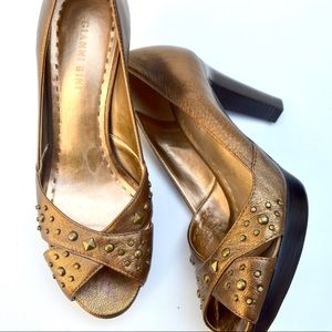 Gianni Bini Bronze Studded Peep Toe Heels 8